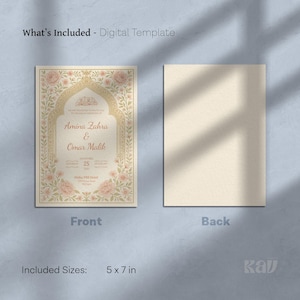 May include: Digital wedding invitation template with a floral design. The front features the names Amina Zahra & Omar Malik, with event details. The back is a solid cream colour. Included size is 12.7 x 17.8 cm.