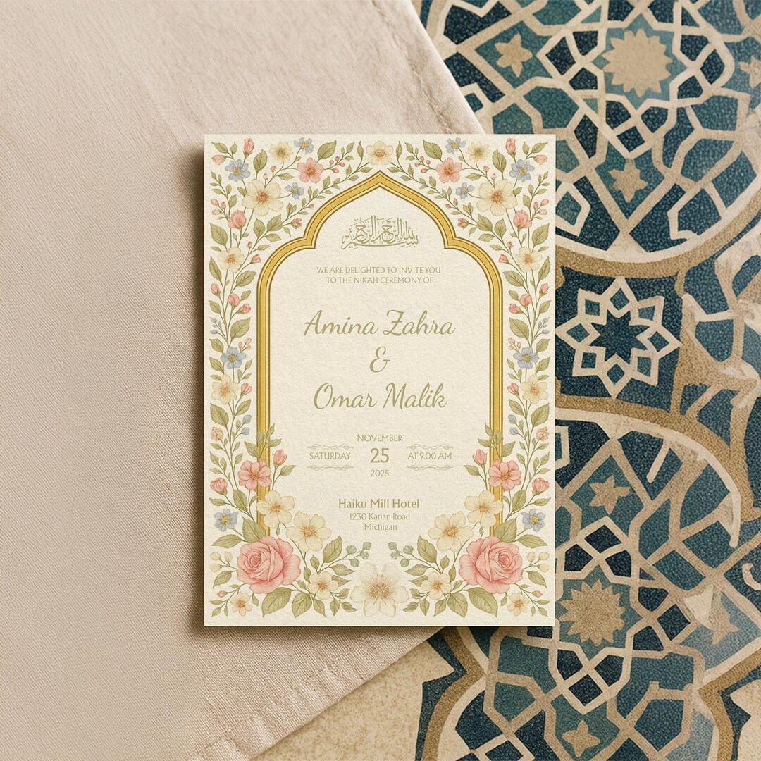 Paskuhan Invitation Card Rectangular Boho Floral Muslim Nikah Invitation Template | Editable Canva Islamic ...