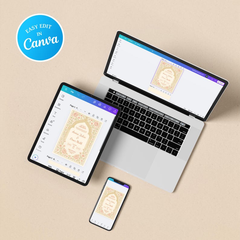 May include: A laptop, tablet, and smartphone show a wedding invitation design. The invitation has a floral border and text. A blue circle with the text "EASY EDIT IN CANVA" is in the upper left corner.