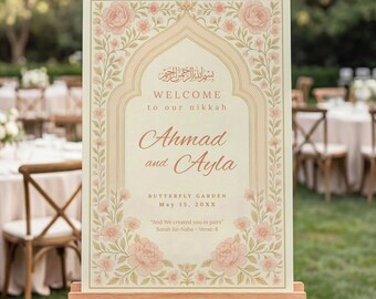 Floral Islamic Wedding Welcome Sign Template: Editable Nikkah Canva Poster, Ceremony & Reception Entrance Board