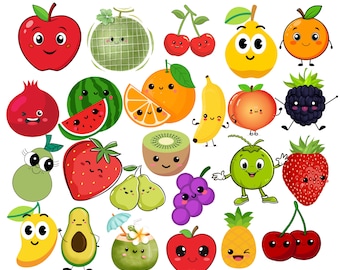 Kawaii Früchte Clipart Bundle: Aquarell Sommer Frucht PNG (Digital Download)
