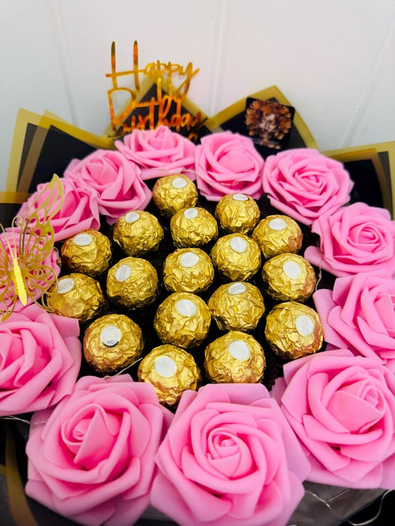 Mothersday Ferrero Rocher Chocolate Flower Bouquet, Pink Roses, Personalized Message,birthday bouquets