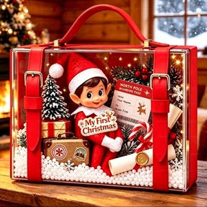 May include: A red rectangular clear display case with a handle and two vertical straps, containing an elf doll wearing a red hat, a miniature Christmas tree, a North Pole boarding pass, a candy cane, a scroll, and a small suitcase on white snow.