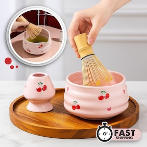 Hand painted Cherry Ceramic Matcha Bowl Set with spout, Unique Matcha Ceremonial Set, Handmade Matcha Bowl Gift, Pink Ceramic Bowl
