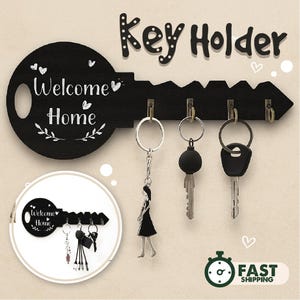 Key Shape Wooden Key Holder with Key Hooks, Holder for Keys, Key Holder for Wall Hangings, Welcome Home Key Holder, Key Hanger with Hooks