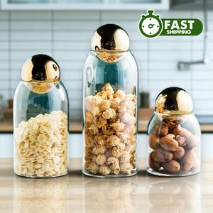 Glass Storage Jar with Cork Ball, Kitchen Food Storage, Silver and Gold Cork ball Jars, Glass Container for Spices, Beans, Herbs, Sugar,