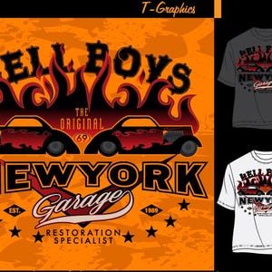 Op de afbeelding: Oranje grafisch ontwerp met de tekst "HELL BOYS NEW YORK Garage", vlammen en hot rod auto-illustraties. Het ontwerp bevat "EST. 1989 RESTORATION SPECIALIST" op t-shirts.