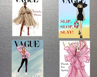 May include: Four fashion magazine covers with the word "VAGUE" at the top. The covers feature illustrations of women in stylish outfits. One cover says "Trench, Please", another says "SLIP, SLOP, SLAY!", a third says "APRÈS CHIC", and the last says "Florals For Spring GROUNDBREAKING".