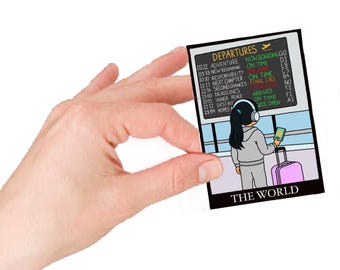 May include: A rectangular card featuring a cartoon illustration of a person at an airport, holding a phone and a pink suitcase. The card has the word "DEPARTURES" at the top and "THE WORLD" at the bottom.