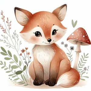 Clipart mignon renard aquarelle | Animal de pépinière des bois PNG | Graphique forêt baby shower