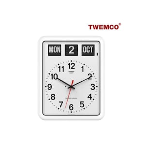 May include: A white square wall clock with a calendar display showing "MON 2 OCT". The clock face is white with black numerals and hands, and a red second hand. The brand name "TWEMCO" is displayed at the top.