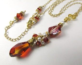 Swarovski Red Magma Crystal and White Pearl Long Necklace on 14k Gold Fill