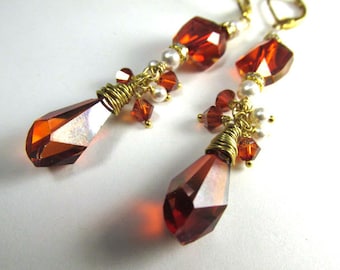 Swarovski Red Magma Crystal and White Pearl Long Earrings on 14k Gold Fill
