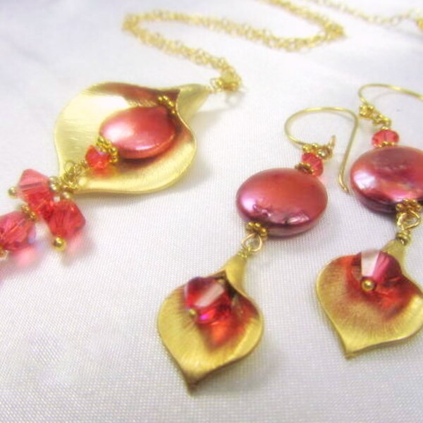 14k GF Set - Coral Calla Lily Freshwater Pearl and Swarovski Necklace and Earrings for bridal or everyday