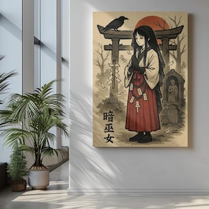 Gothic Shrine Maiden Wall Art, Gothic Miko Digital Print, Japanese Spirit Poster, Mystical Girl Artwork, Fantasy Decor, 300 DPI
