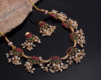 Gold Plated Enamel Lotus Flower Necklace, Flower of Life Necklace | golden jewelry,South Indian necklace Ethnic Red & Green Stone Jewelry