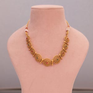 Antique Gold Temple Necklace Set, South Indian Short Haram with Earrings, Ruby Green Stone Jewelry, Traditional Bridal Necklace,Festive Gift