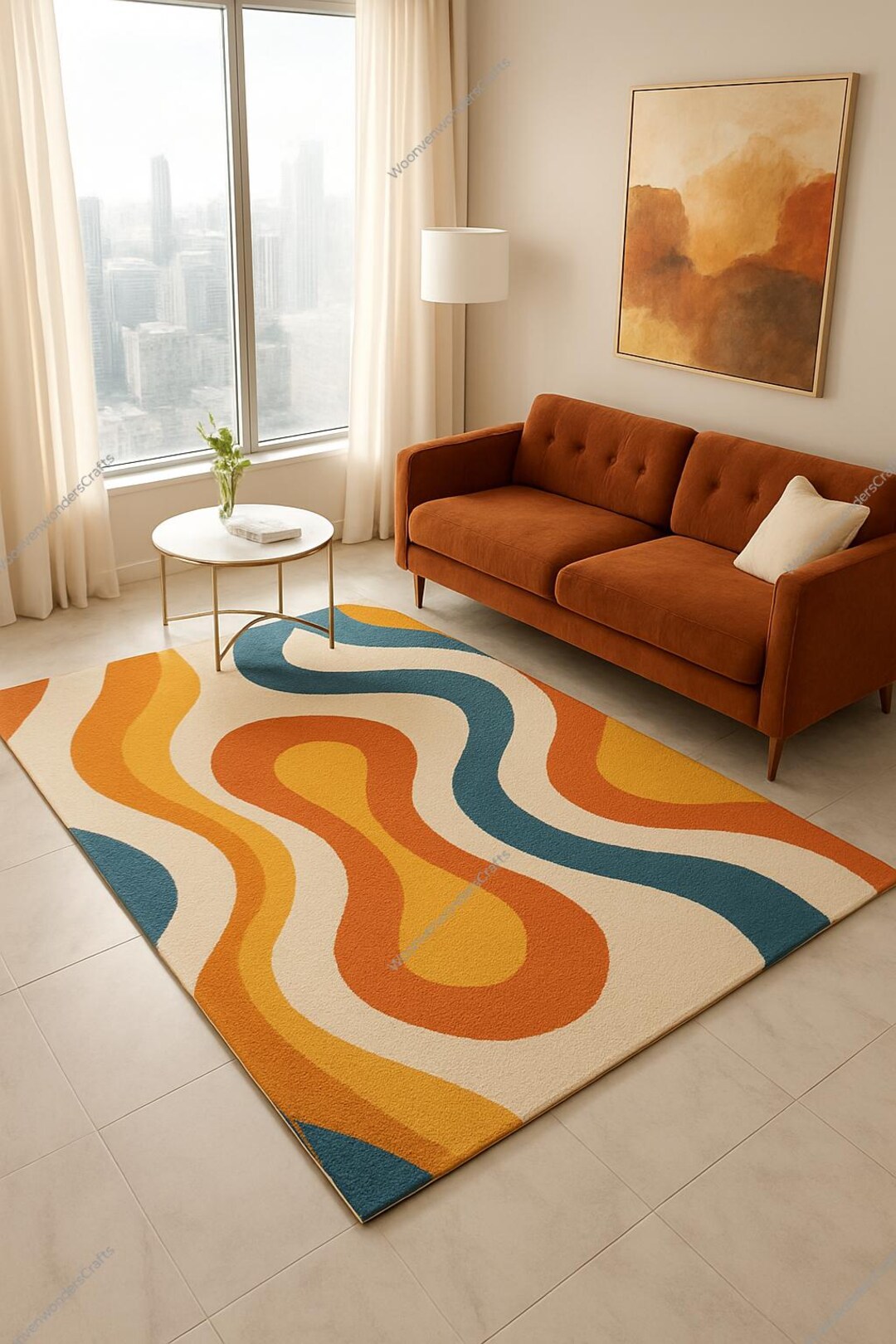 Retro Wave Area Rug – Modern Abstract Mid Century Carpet | Orange Blue ...