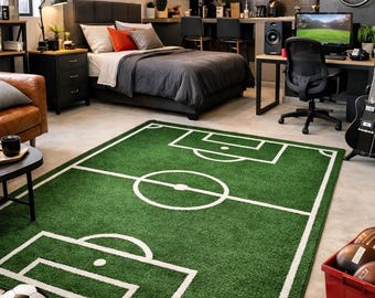 Hand-Tufted Soccer Field Rug, Realistic Football Pitch Carpet, Sports Nursery Area Rug