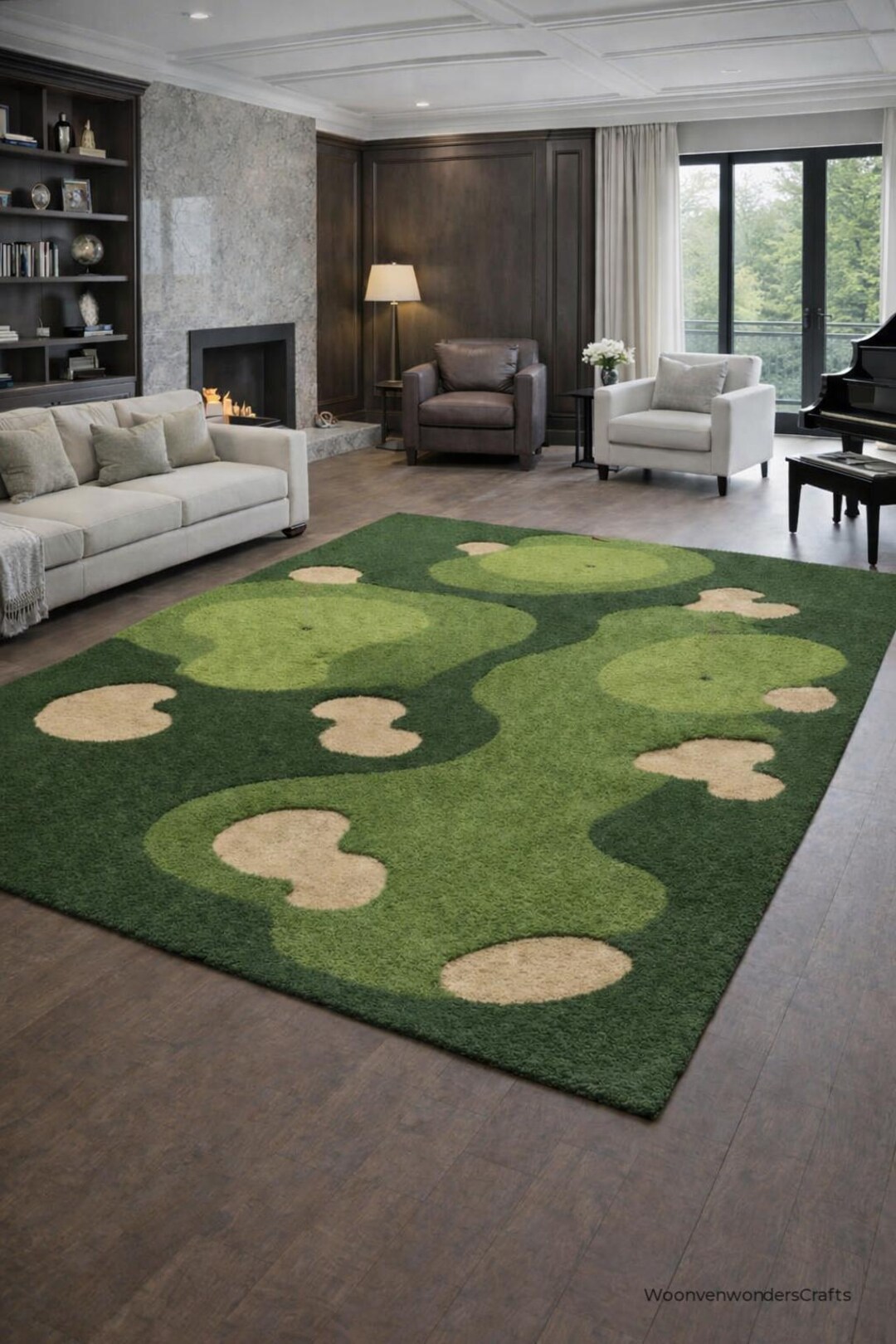 Neutral Color Golf Rug Hand Tufted Wool Area Rug, Golf Course Fairway Pattern Carpet, Playroom ...