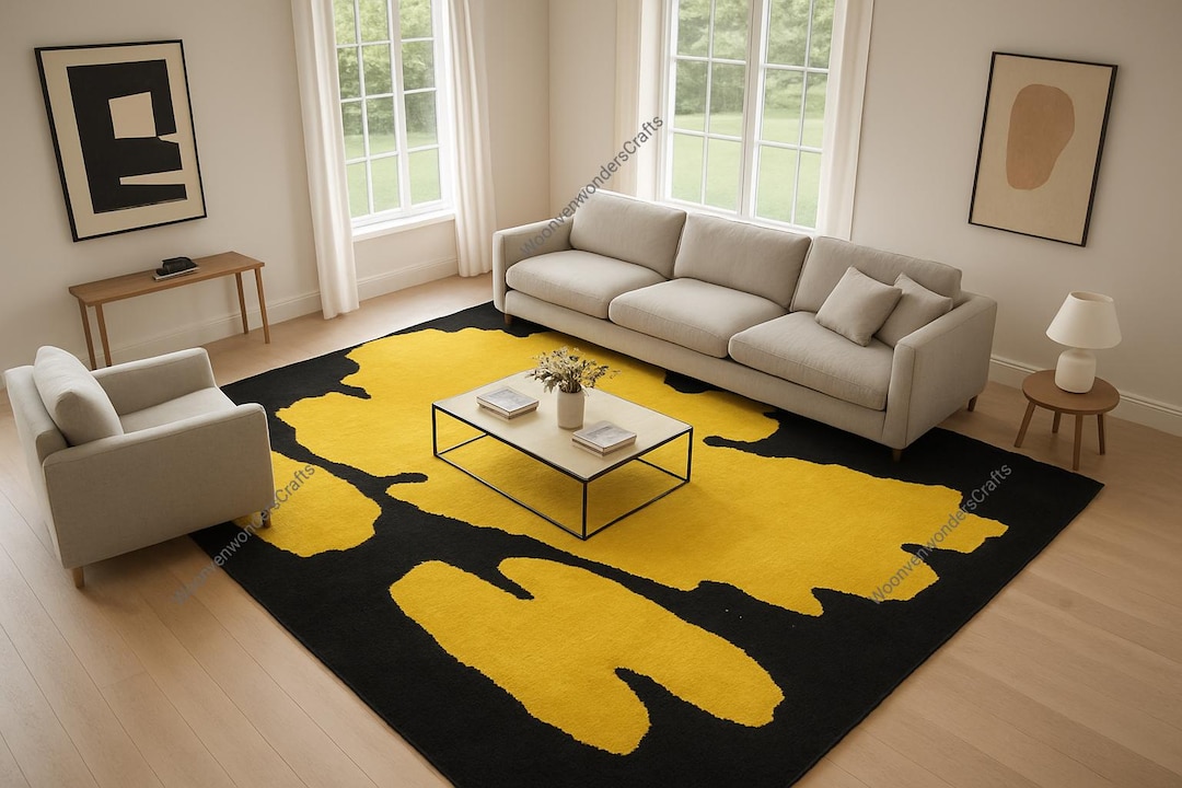 Yellow Moon Rug Handmade Mustard Yellow Wool Rug | Modern Abstract Living Room Area Rug ...