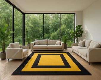 Handmade Yellow & Black Wool Rug | Modern Geometric Carpet