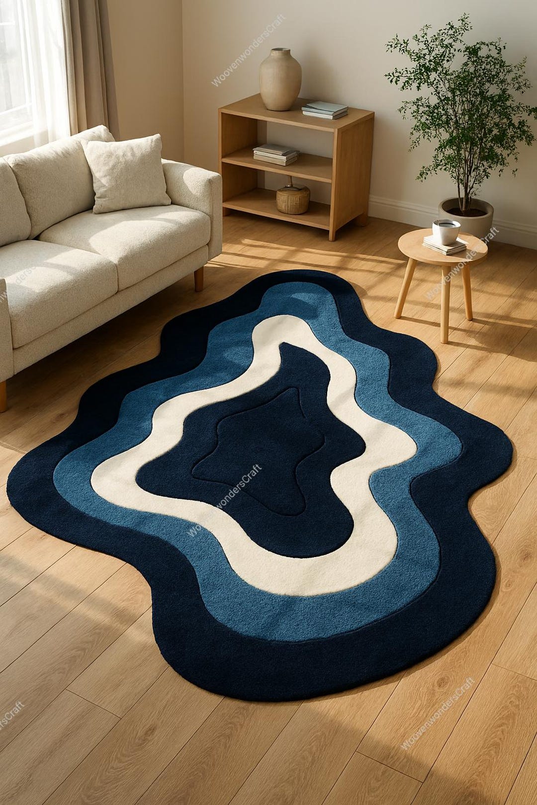 Blue Wavy Pattern Rug Handmade Navy Blue Wool Rug | Modern Abstract Wave Design - Etsy