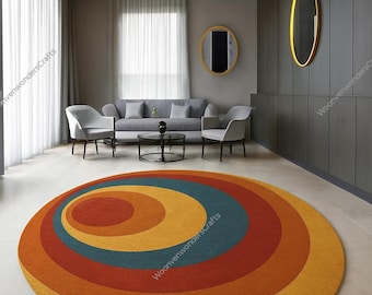 Burnt Orange Teal Round Rug for Living Room | Mid Century Retro Spiral Mustard Yellow | Handmade Tufted Wool Rug | 4x4, 5x5, 6x6, 8x8