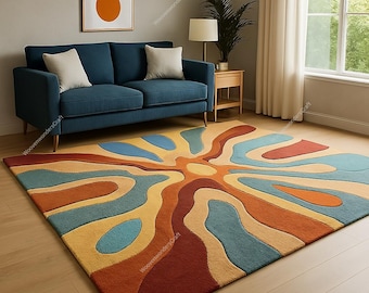Handmade Wool Tufted Area Rug, Abstract Neutral Art Design