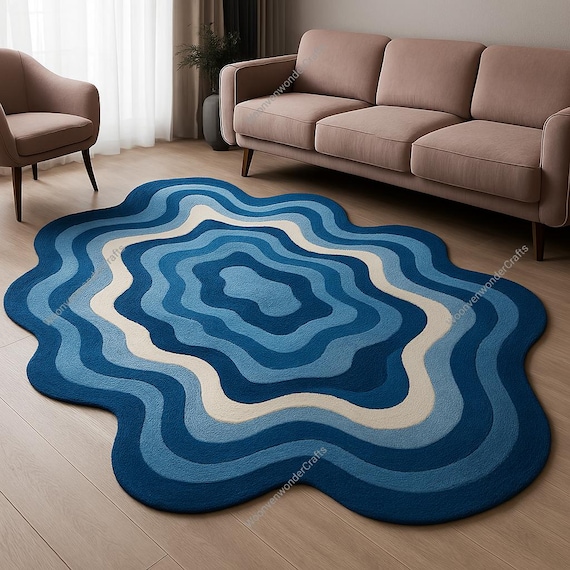 Teal Blauer Wollteppich | Handgetufteter Teppich mit Wellen Muster