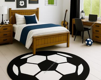 Alfombra de lana tejida a mano con diseño de balón de fútbol, decoración deportiva para guardería, alfombra para habitación infantil.