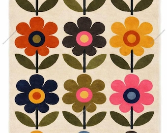 Retro Daisy Wool Area Rug, Hand Tufted Mid Century Modern Carpet
