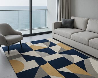 Handmade Wool Area Rug | Modern Blue Beige Geometric Carpet