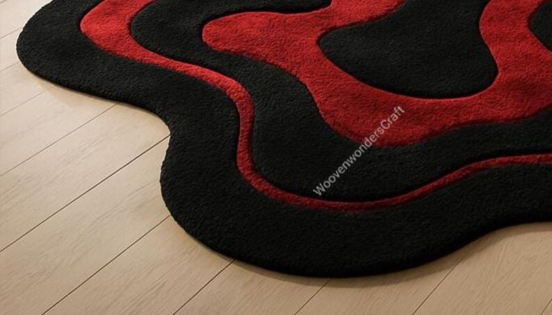 Red Wavy Rug Handmade Wool Wave Rug | Black & Red Abstract, Irregular Shape - Etsy