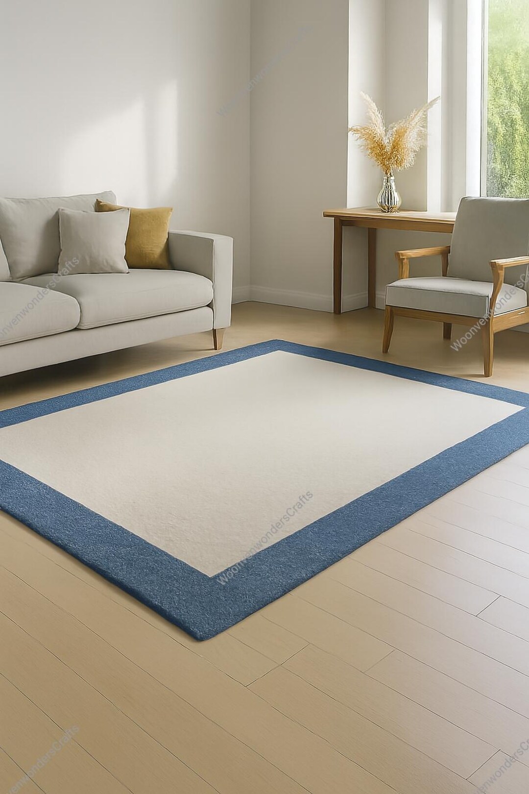 Handmade Wool Area Rug – Modern White & Blue Border, Minimalist Carpet ...