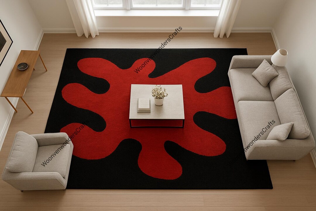 Red Abstract Boho Rug Handmade Wool Tufted Rug | Red Black Abstract Geometric Carpet - Etsy