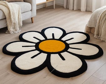Hand-Tufted Wool Daisy Flower Rug: Modern Floral Bedroom Accent (Custom Sizes)