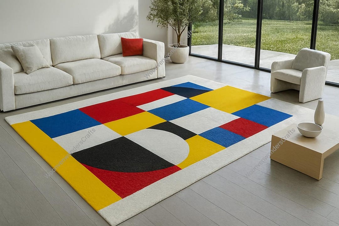 Modern Geometric Color Block Rug | Handmade Wool Area Carpet | Red ...