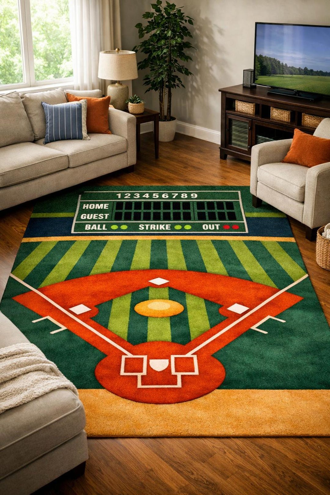 Baseball Rug Drawing Hand-tufted Baseball Field Rug, Vintage Scoreboard Carpet, Sports ...