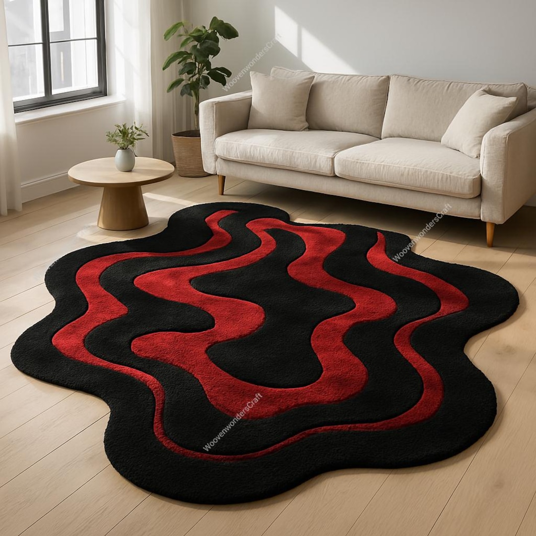 Wool Wave Rug Handmade Wool Wave Rug | Black & Red Abstract, Irregular Shape - Etsy