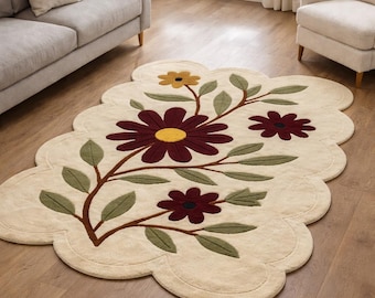 Handmade Wool Floral Rug | Scalloped Cottagecore Decor