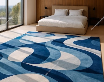 Navy Blue Wave Rug | Handmade Tufted Wool, Mid-Century Modern