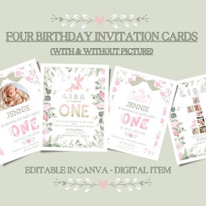 4 cartões de convite de aniversário (menina), Canva editável, bebê um, 4 cartões com/sem imagem - Blume