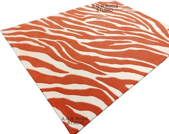 Hand Tufted Wool Rug, Orange Zebra Print, Area Rug