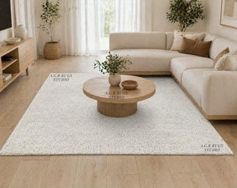 Hand Tufted Wool Rug, Solid White Plain Loop Pile Area Rug