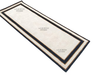 Hand Tufted Wool Runner Rug, Black Border, Neutral Beige Carpet, Custom Size