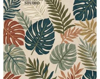 Bunter Monstera Blatt Handgetufteter Teppich Tropischer Palmenblätter Teppich, Terrakotta Und Grünes Botanisches Teppich Wohnzimmer, Biophiler Bodenteppich.