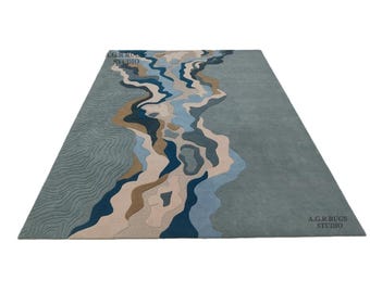 Alfombra abstracta de área costera tejida a mano, alfombra de costa oceánica, alfombra de olas topográficas azul beige, alfombra fluida delta de río crema índigo,