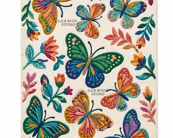 Alfombra vintage de mariposas tejida a mano, alfombra colorida y original con insectos, alfombra mullida de pelo alto y bajo, diseño único para inauguración de casa.