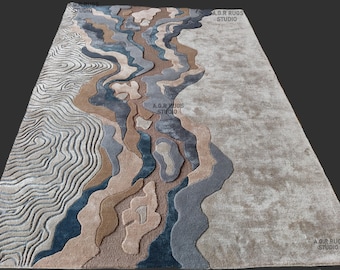 Tapis géométrique en laine tufté main, velours bouclé multicolore